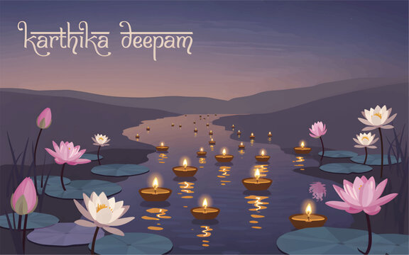 Karthika Deepam festival with floating oil lamps on a river and blooming lotus flowers diya