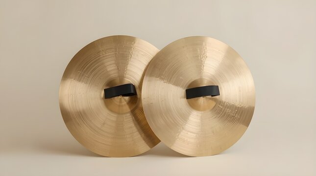 A pair of brass hand cymbals is displayed in a neutral background. Features a smooth, reflective golden surface. A black strap is attached at the center for a secure grip. 