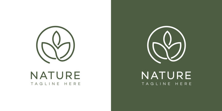 Two versions of a minimalist nature logo with three leaves in a circle, featuring text green backgrounds.