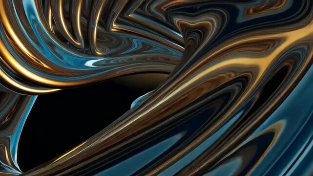 Abstract golden waves fluidly merge and flow, depicting a harmonious dance of gold and teal hues.