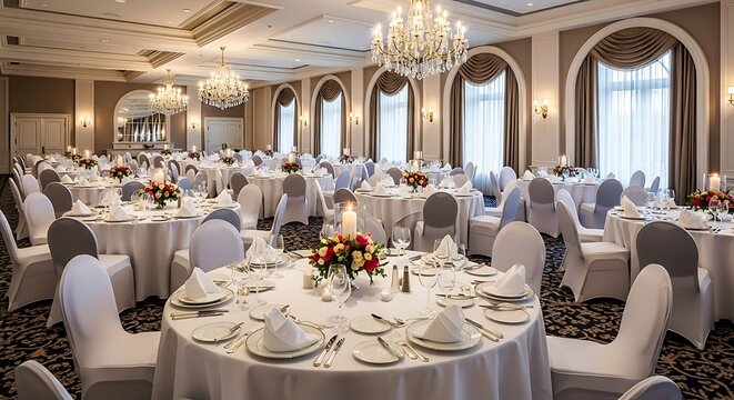 Elegant banquet hall with round tables.