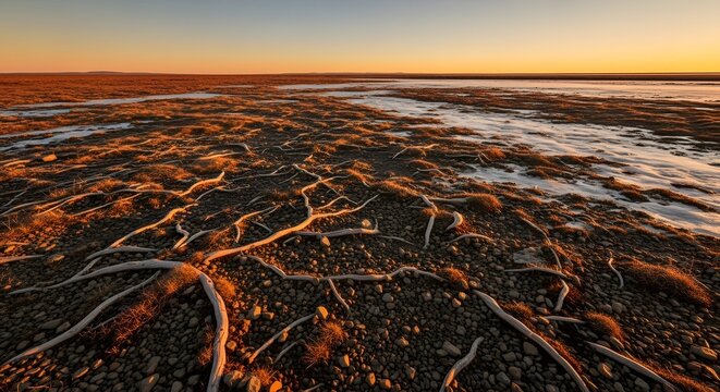 Desert roots pattern at sunrise low angle shot