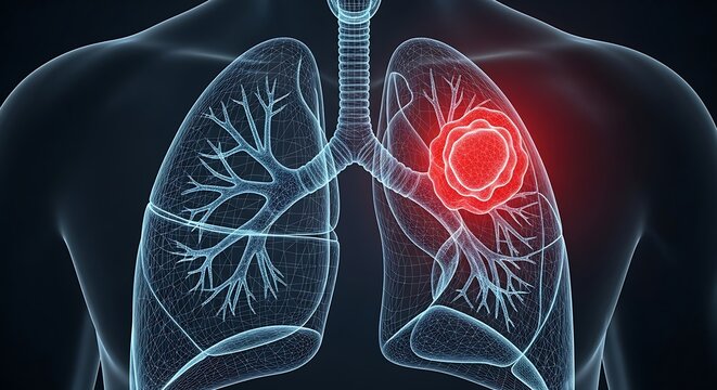 Human lungs with lung cancer highlighted.
