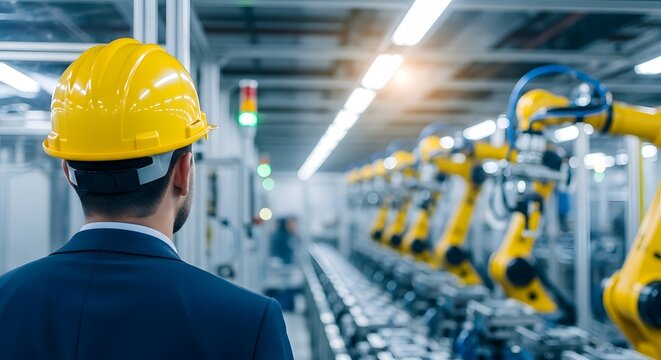 Smart factory industrial automation engineer in yellow helmet supervising manufacturing process with robotic arm machinery
