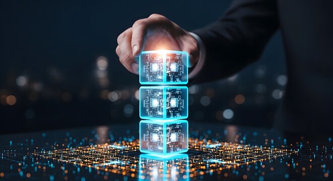 System integration blockchain technology businessman stacking glowing digital microchip cubes network infrastructure