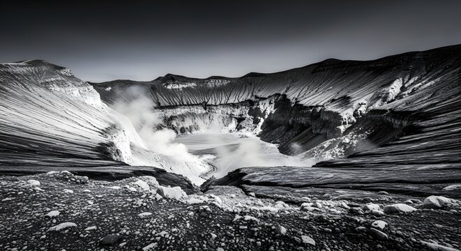 Dramatic black and white geothermal steam venting in volcano caldera