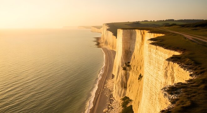 Dramatic Coastal Cliffs Overlooking Sunny Beach at Sunset