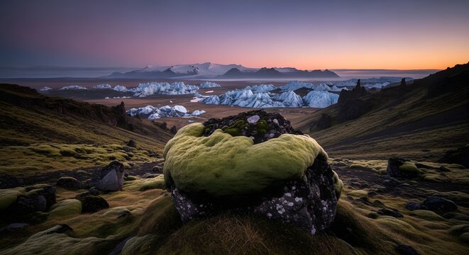 Dramatic landscape view of Icelandic glaciers and sunset sky
