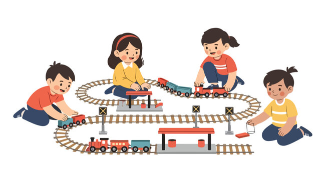 Four happy children are kneeling on the ground, playing together with a toy train set featuring tracks, stations, and several colorful train cars.