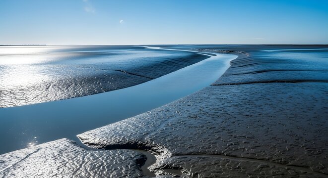 Coastal waterway cutting through reflective tidal flat at sunset