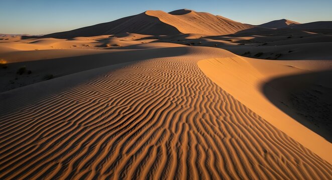 Dramatic desert sand ripples patterns under bright morning sun