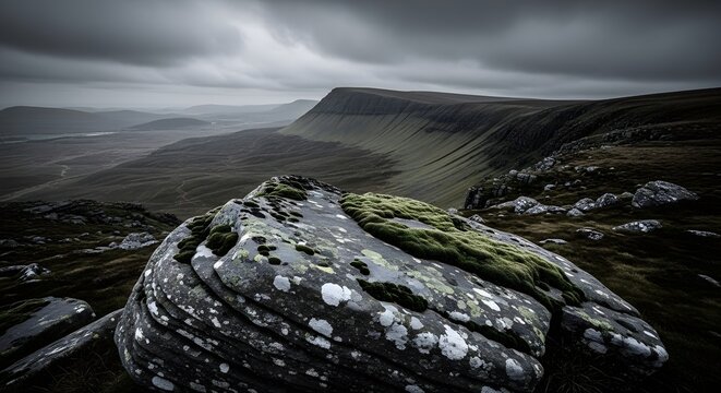 Dramatic moorland landscape with brooding sky and ancient rocks
