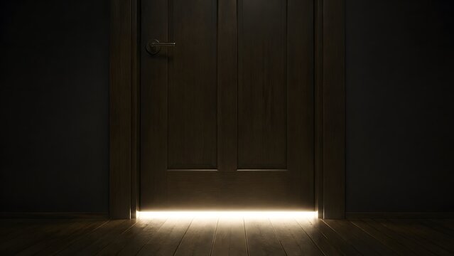 A dimly lit room with a door slightly ajar, showing a sliver of light underneath, with darkness surrounding the entrance.