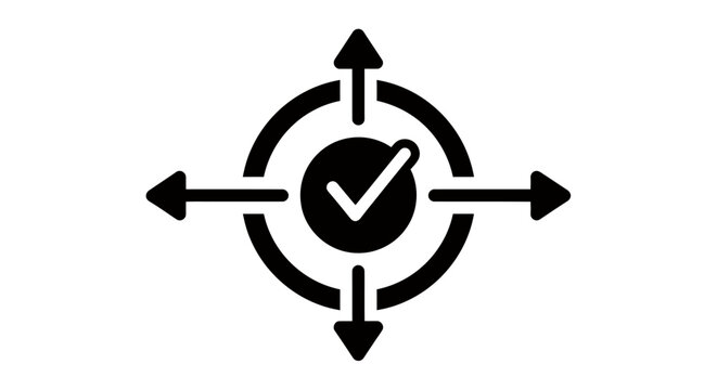 Vector icon showing a target with a central check mark and surrounding arrows indicating precision and process control.