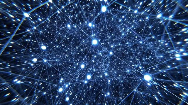 A complex network of interconnected nodes glows with an ethereal blue light, depicting the interconnectedness of the digital world. 