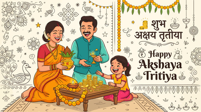 Smiling Indian family holding a kalash and gold coins to celebrate Akshaya Tritiya, vector illustration.