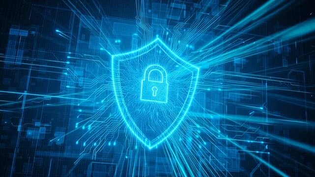Illuminating the essence of cybersecurity through a vibrant digital shield and lock, showcasing protection. 