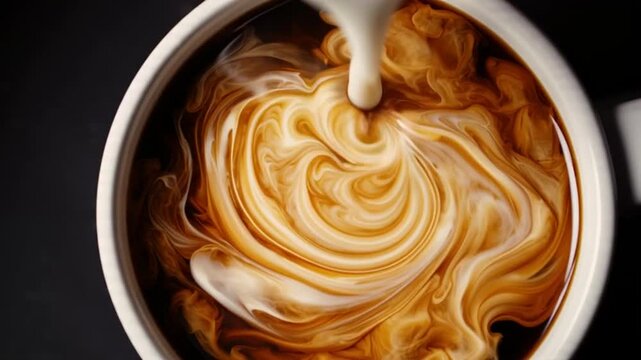 A creamy swirl of fresh milk gracefully descends into a cup of rich, dark coffee, creating a mesmerizing dance of textures and flavors. 