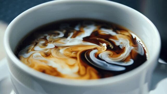 A cup of coffee featuring a swirl of cream, inviting you to indulge in the perfect start to your day.  