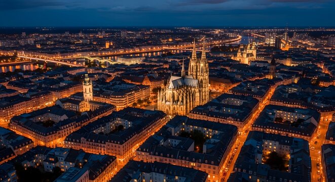 Stunning aerial view of a European city at night with an illuminated historic cathedral