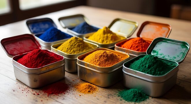Colorful powders in metal containers.