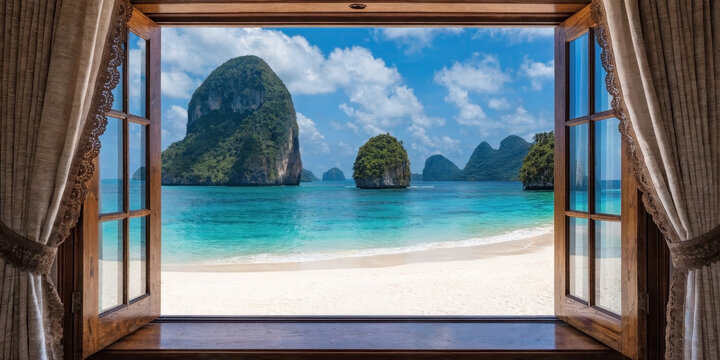 Tropical beach panorama view through open window frame