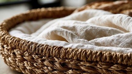 Obraz premium A close up shot features a natural woven basket filled with soft, white linen fabric. The composition emphasizes the intricate craftsmanship of the basket and the gentle folds of the textile.