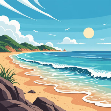 Vector illustration of a coastal landscape featuring a sandy beach, turquoise ocean waves with white foam, green hills, dark rocks, flying gulls, and a bright sun in a blue sky.