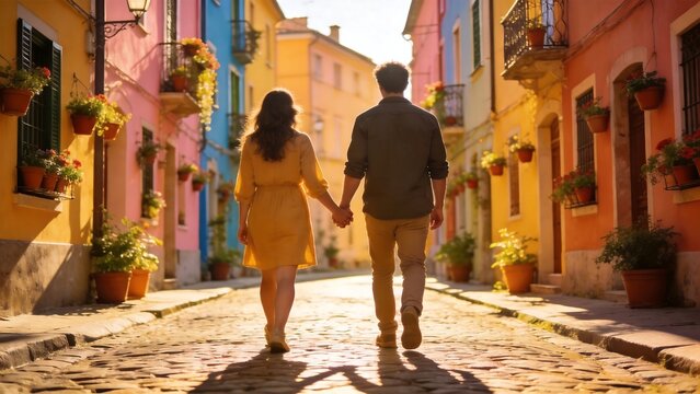 Couple walking hand in hand on cobblestone street