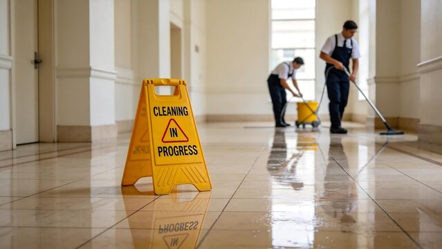 Two workers cleaning a hallway floor