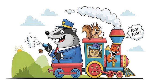 Cartoon wolf driving steam train with squirrel.