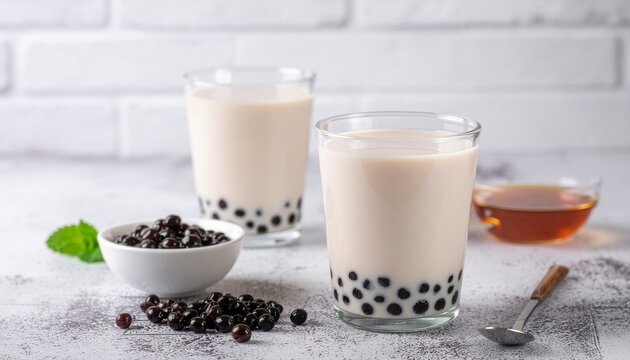Two refreshing glasses of tapioca pearl milk tea, a popular Taiwanese beverage, served on a clean, bright background with fresh mint leaves and a small bowl of black boba pearls