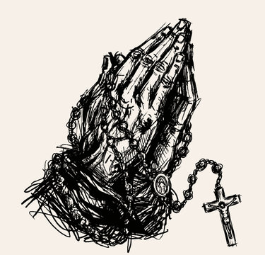 Detailed vector illustration of praying hands with a rosary