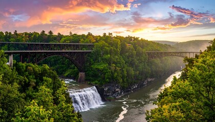Obraz premium A majestic waterfall cascades into a river gorge beneath a pair of arched bridges, framed by lush greenery at sunset