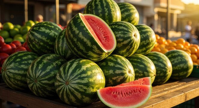 Fresh watermelons displayed on a wooden table outdoors with sunlight