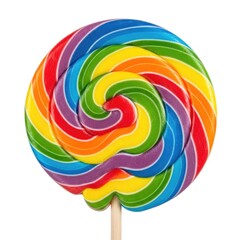 Obraz premium Vibrant Rainbow Swirl Lollipop Candy on White Background.