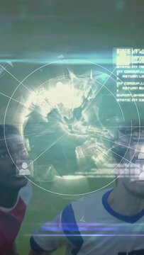 Vertical video: Male in jersey 17 shifting as faint ring forming HUD globe on him for sports data