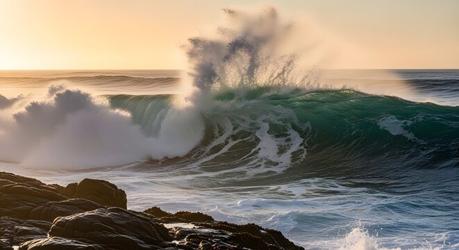 Dramatic ocean wave breaking on rocky coast at sunrise or sunset