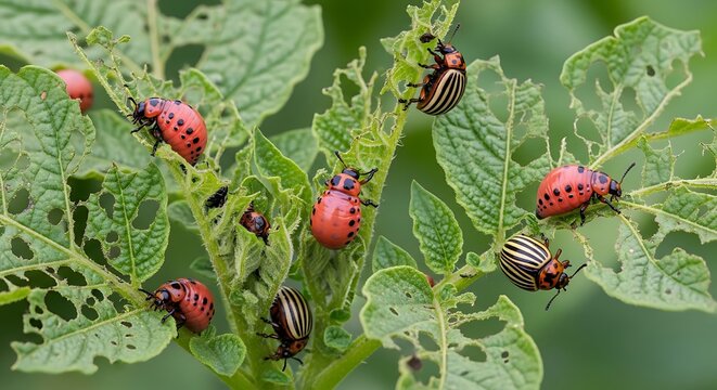 Potato beetles on damaged green leaves.