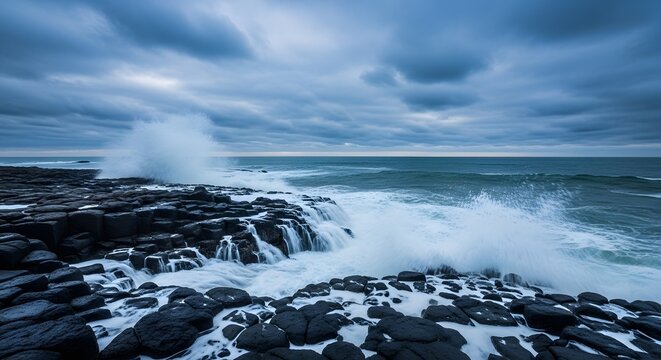 Dramatic ocean waves crash against dark rocky coastline under moody sky