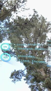 Vertical video: Data pinging AR UI updating, pine trunk anchoring, gauges filling, showing equity