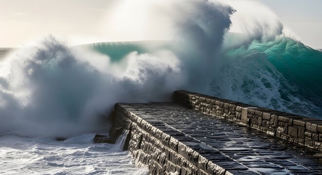 Dramatic ocean waves crashing against stone sea wall