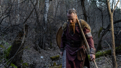 Viking warrior stands confidently amidst a dense forest, clutching a shield and staff. © horimono