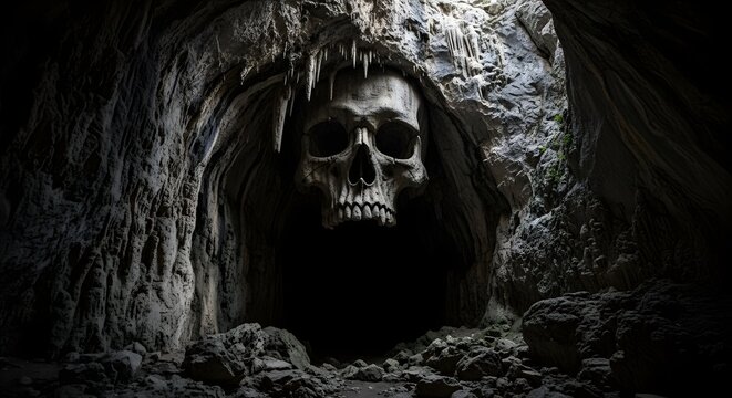 Eerie Cave Entrance with Skeleton Skull Formation and Dripping Stalactites