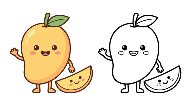 Adorable cartoon mango character with a happy face waving, accompanied by a mango slice with a cheerful expression in colorful
