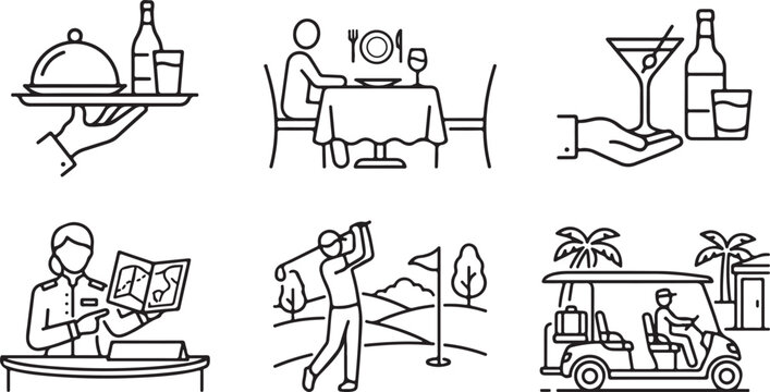 Set of luxury hospitality and leisure activities icons during daytime Isolated on white background
