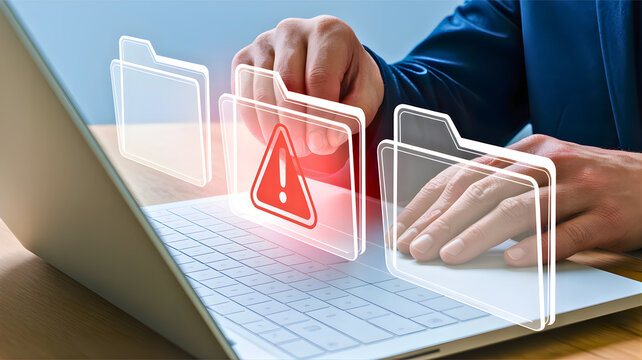 User facing a critical digital data security warning on a laptop screen, showing a red alert icon within virtual folders, indicating a potential file compromise or error