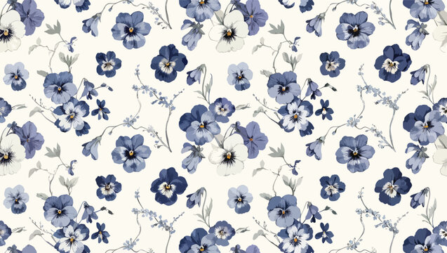 Blue and white pansy floral pattern with delicate green stems and leaves on a white background.