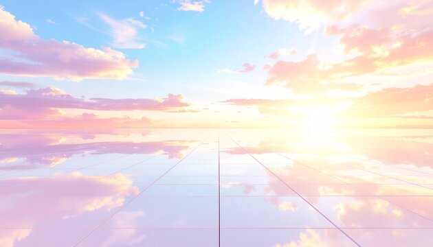 Vibrant sunrise paints a tranquil sky with soft pastel hues, reflecting an expansive cloudscape on a polished, serene surface, creating a dreamy and ethereal horizon