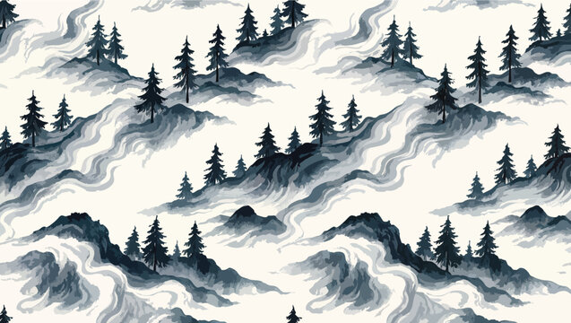 Seamless pattern of dark blue pine trees on misty mountain slopes in a watercolor style.